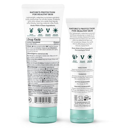 Badger Mineral Daily and Face Sunscreen Combo, SPF 30 Lightweight Organic Mineral Sunscreens with Zinc Oxide, Hydrating Everyday Sunscreen Lotions for Face & Body, Vegan & Unscented, 2-Pack