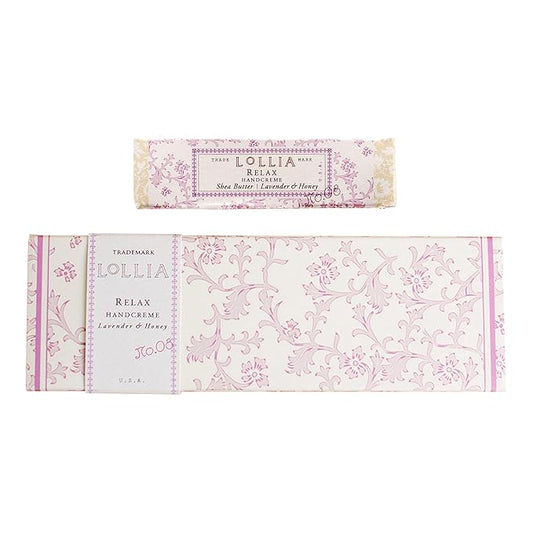 LOLLIA Relax Handcreme Bundle, 4 oz. & .33 oz. – Lavender & Honey – Scented Hand Cream for Women, Moisturizing Hand for Dry Hands, Shea & Cocoa Butter, Quick Absorbing Lotion, Travel Lotion