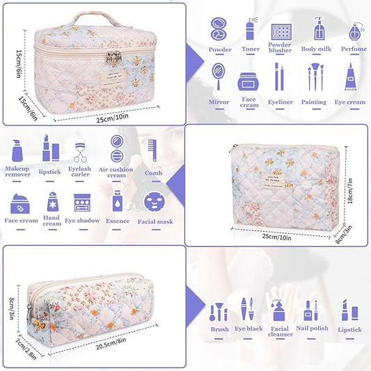 Makeup Bag Set, Quilted Makeup Bag, Large Floral Cosmetic Bag for Women, Cute Cotton Makeup Bags, Flower Travel Toiletry Organizer Bag (Folk Style)