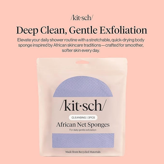 Kitsch African Net Sponge – Exfoliating Body Scrubber for Cleansing & Gentle Daily Exfoliation – Stretchable Bath Sponge for Hard-to-Reach Areas, Long-Lasting Shower Essential - Ocean Blue, 3 Pcs