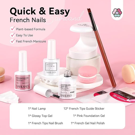Saviland French Manicure Kit : French Tip Tools for Beginners French Tip Nail Stickers French Nail Brush White Gel Nail Polish Quick-Dry Nail Lamp French Tips Guides for Nail Art