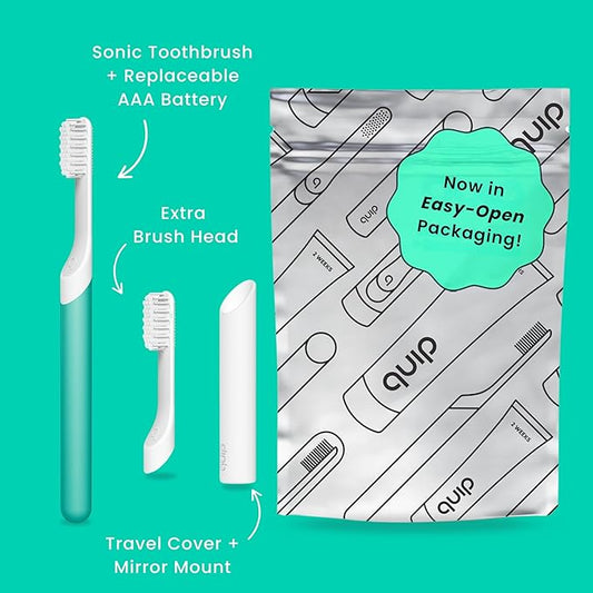 Quip Sonic Toothbrush for Adults with Timer - Includes Extra Brush Head and Travel Cover Mount - Electric, Soft Bristle Refill Head, Plastic Handle, 3 Month Battery Life - Travel Toothbrush - Green