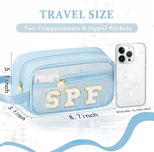 COSHAYSOO Clear Sunscreen Bag Makeup Toiletries Pouch Beach Vacation Essentials Summer Travel Stuff Accessories Personalized Graduation Gifts for Her Women College Teen Girls Teacher Nurse Blue SPF
