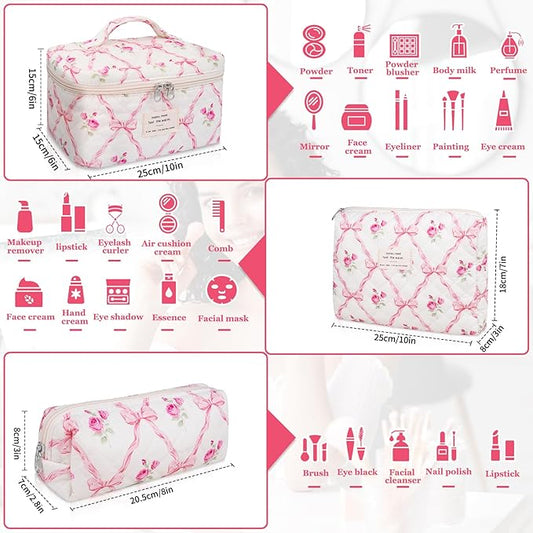 3PC Makeup Bag Set, Quilted Makeup Bag, Large Floral Cosmetic Bag for Women, Cute Cotton Makeup Bags, Flower Travel Toiletry Organizer Bag (Pink Flower)