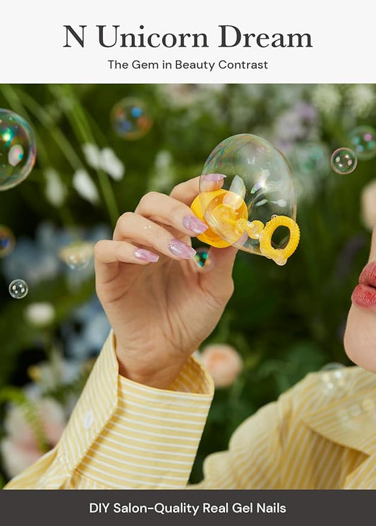 ohora Semi Cured Gel Nail Strips (N Unicorn Dream) - Works with Any Lamps, Salon-Quality, Long Lasting, Easy to Apply & Remove - Includes 2 Prep Pads, Nail File & Wooden Stick