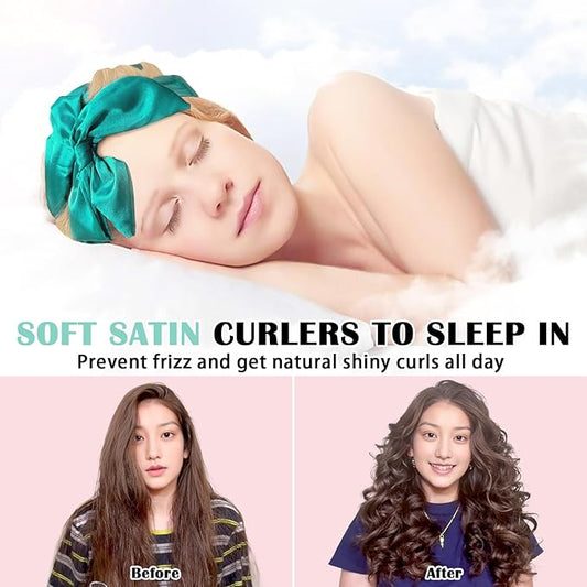Satin Heatless Curls Overnight Hair Curlers to Sleep In Hair Curler Rollers No Heat Hair Wrap for Curls Headband, 70" Satin Heatless Curling Rod Set for Women Long Waves Hair Volume -Green 9PCS