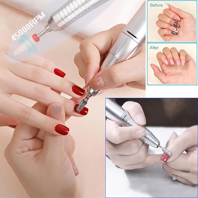 Electric 45000RPM Nail Drill Machine Rechargeable Portable Nail File Electric DIY Nail Drill Kit with Smart LCD Screen for Gel Nail Manicure and Pedicure Reflective Body etc(White)