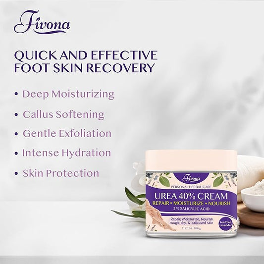 FIVONA 40% Urea Cream with 2% Salicylic Acid - Foot Cream with Tea Tree and Lavender Extracts Foot Lotion for Dry Cracked Heels, Dead Skin & Callus Remover, Feet Moisturizer Repair Cream