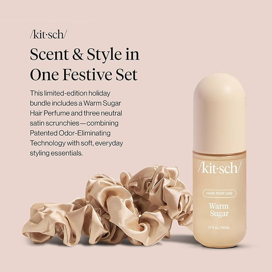 Kitsch Satin Scrunchies and Hair Perfume for Women Holiday Set – Warm Sugar Scent with Patented Odor-Eliminating Technology Hair Spray | Neutral Softer Than Silk Scrunchies | Ideal Gifts for Women