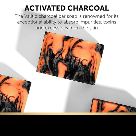 VALITIC Charcoal Kojic Acid Turmeric Black Soap Bar Dark Spot Remover for Body or Face Wash - 2 Pack and African Net Sponge