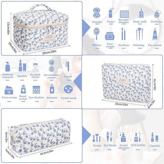 Makeup Bag Set, Quilted Makeup Bag, Large Floral Cosmetic Bag for Women, Cute Cotton Makeup Bags, Flower Travel Toiletry Organizer Bag (Blue Peacock Flower)