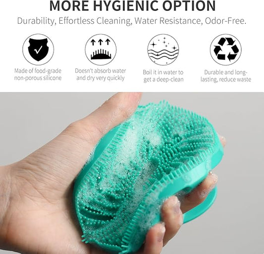 Silicone Body Scrubber 2 Pack, Gentle Bristles Shower Bath Brush, Lather Nicely, Soft Massage Body, More Hygienic Than Loofah, Gentle Exfoliating for Sensitive Skin, Green+Black