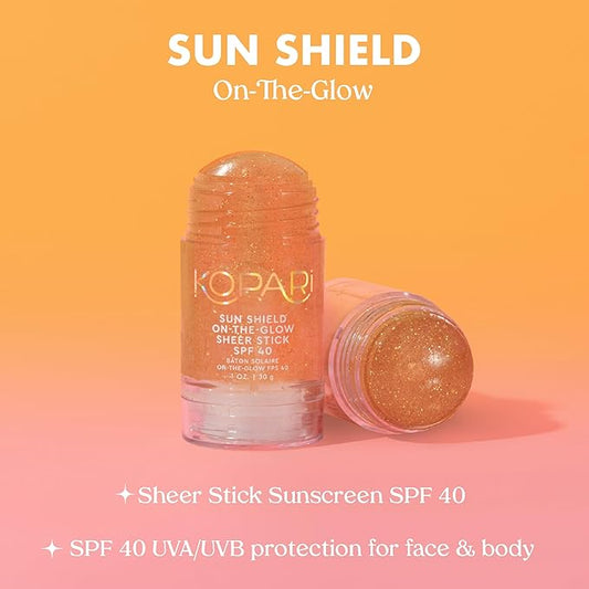 Kopari Sun Shield On-The-Glow Sheer Sunscreen Stick SPF 40, Sweat and Water Resistant Roll On Sunscreen For Face and Body with Vitamin E and Bisobolol, 1oz