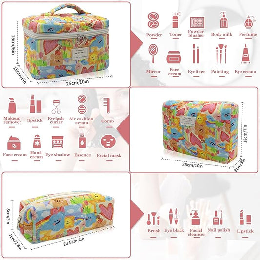 3pc Makeup Bag Set, Quilted Makeup Bag Set, Large Floral Cosmetic Bag for Women, Cute Cotton Makeup Bags, Flower Travel Toiletry Organizer Bag (Heart Shape)