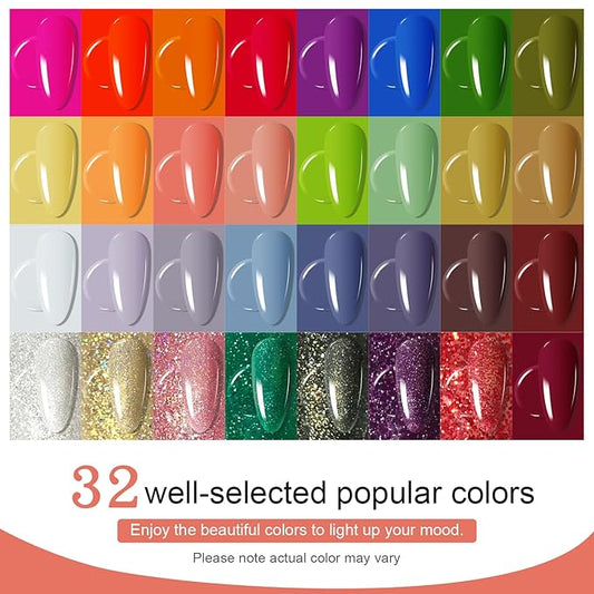 JODSONE Gel Nail Polish Kit with U V Light 32 Colors with Base Coat Matte Glitter Top Coat Gel Nail Set Manicure Salon Tools