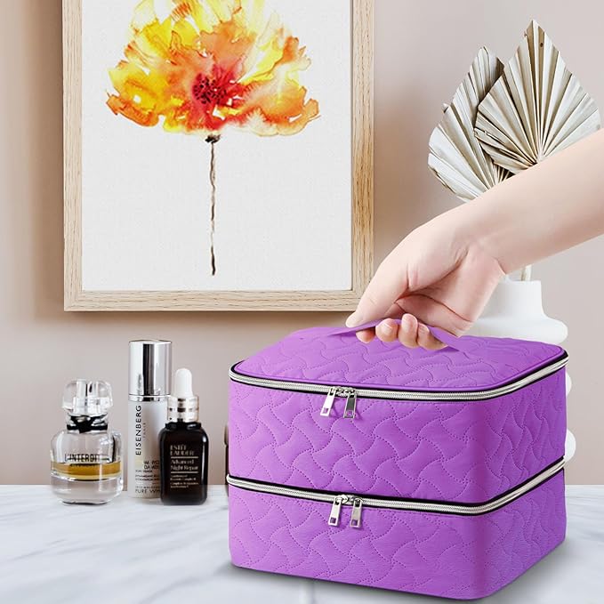 DreamGenius Nail Polish Organizer Case Holds 42 Bottles, Portable Double-Layer Nail Polish Storage Bag with Adjustable Dividers for Manicure Tools, Purple