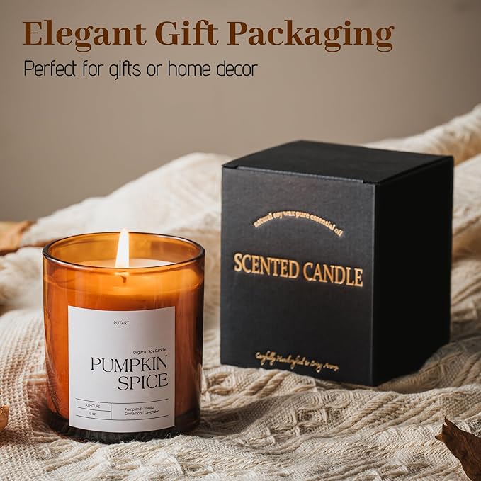 Pumpkin Spice Candles for Home Scented, Luxury & Strong Fragranced Pumpkin Soy Wax Aromatherapy Candle with Long Lasting Burn, Orange Fall Candle Gifts for Halloween, Autumn, Christmas 9oz
