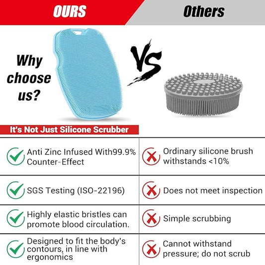 Silicone Body Scrubber - Anti Zinc Infused-Highly Elastic Bristles Exfoliating Body Scrubber for Shower Body,Cellulite Reduction,Blood Circulation - Azure