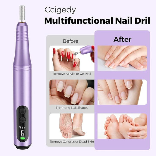 Cordless Electric Nail Drill File Kit Professional Portable Electric Nail File Set Machine for Acrylic Gel Nails,Toenail Hand Feet Care,9 Speed with LED Display Ideal Gift for Men and Women-Purple