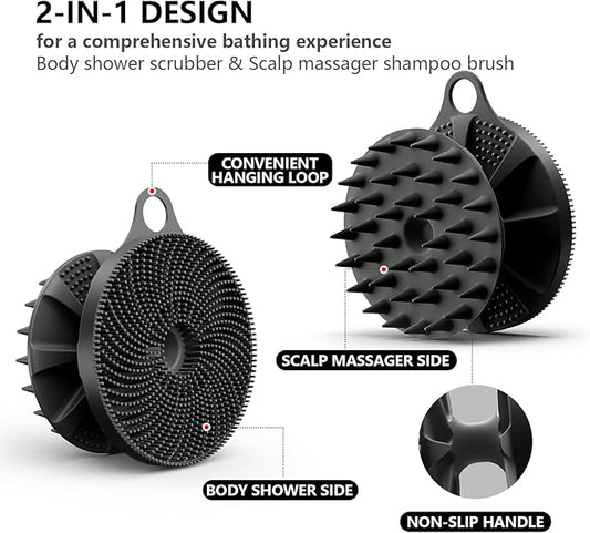 2 in 1 Silicone Brush, BEAUTAIL Body Shower Scrubber and Scalp Hair Massager Shampoo Brush, Deeply Cleanse Skin, Dandruff Removal and Hair Growth, Gentle for Women Men Sensitive Skin, 1 Pack (Black)