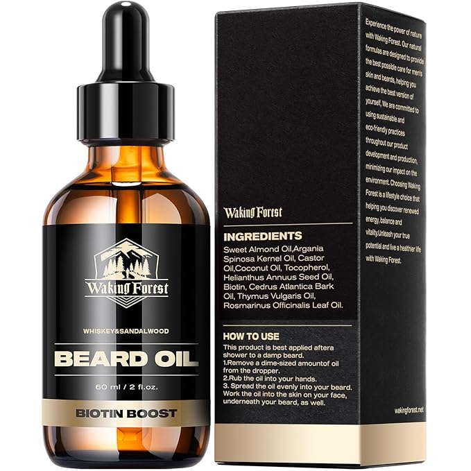 Waking Forest Sandalwood & Whiskey Beard Oil for Men - Biotin Mustache Oil with Vitamin E, Rosemary & Castor - Beard Care Softener, Strengthens, and Moisturizes - Beard Conditioner (2 oz)