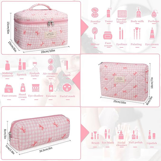 3PC Makeup Bag Set, Quilted Makeup Bag, Large Floral Cosmetic Bag for Women, Cute Cotton Makeup Bags, Flower Travel Toiletry Organizer Bag(Pink Plaid Bow)