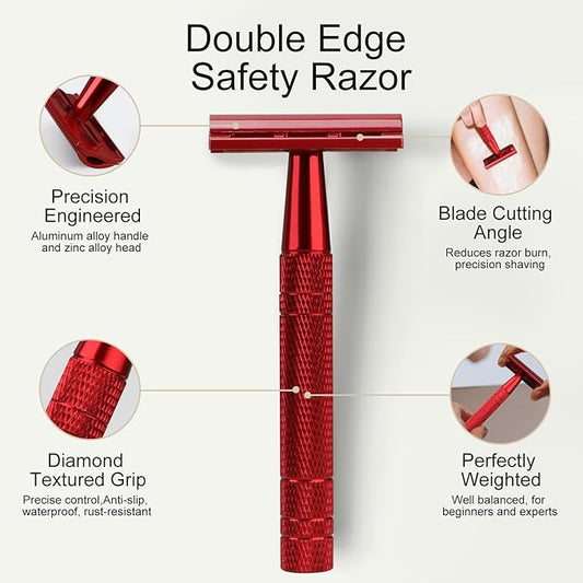 Safety Razor for Women and Men, Single Blade Razors, Reusable Metal Womens Razors for Shaving, with 10 Stainless Steel Double Edge Blades, Smooth and Close Shave, Plastic Free, Red