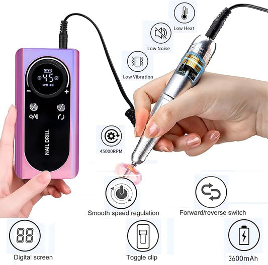 Electric 45000RPM Nail Drill Machine Rechargeable Portable Nail File Electric DIY Nail Drill Kit with Smart LCD Screen for Gel Nail Manicure and Pedicure Reflective Body etc(Dazzle)