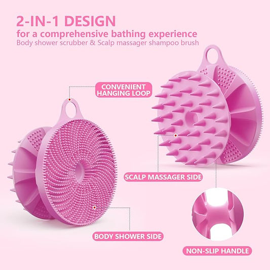 2 in 1 Silicone Brush, BEAUTAIL Body Shower Scrubber and Scalp Hair Massager Shampoo Brush, Deeply Cleanse Skin, Dandruff Removal and Hair Growth, Gentle for Women Men Sensitive Skin, 1 Pack (Lilac)
