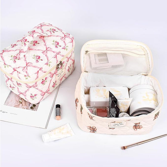 Quilted Makeup Bag Set, 3PCS Cosmetic Organizers for Women, Travel Toiletry Bags with Zipper Closure, Coquette Floral Make up Pouch