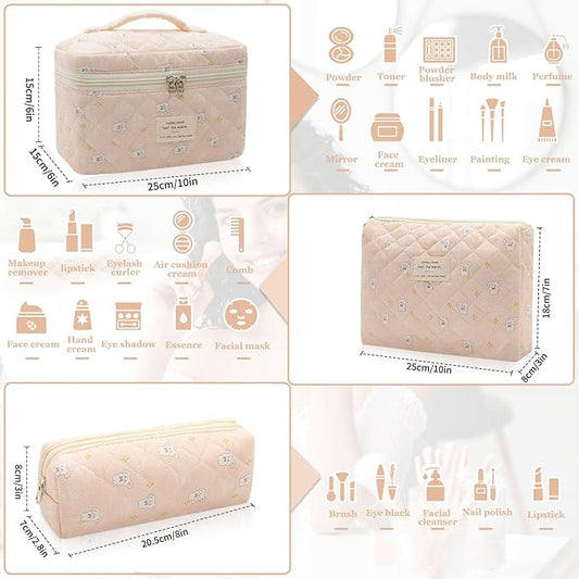 3pc Makeup Bag Set, Quilted Makeup Bag Set, Large Floral Cosmetic Bag for Women, Cute Cotton Makeup Bags, Flower Travel Toiletry Organizer Bag (Star White Rabbit)