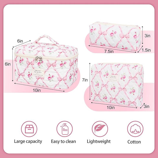 Quilted Makeup Bag,Large Cosmetics Bag Set,Cotton Coquette Floral Make up Pouch,Travel Toiletry Bag for Women