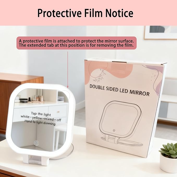 DESCHEN Rechargeable Travel Makeup Vanity Mirror with Lights and Magnification, Portable 1X/10X Magnifying Mirror with 3 Color Light, Lighted Makeup Mirror with Magnification, Folding LED Desk - Pink