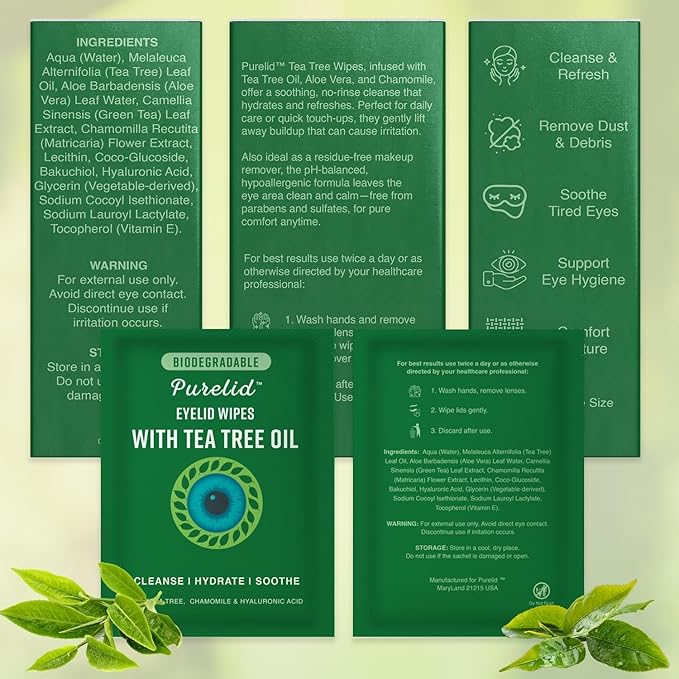 100PCs Tea Tree Eyelid Wipes โ Cleaning Eye Wipes for People with Dry Eyes & Allergies โ Gentle Eyelid Cleanser with Hyaluronic Acid, Chamomile and Aloe โ Individually Wrapped & Biodegradable