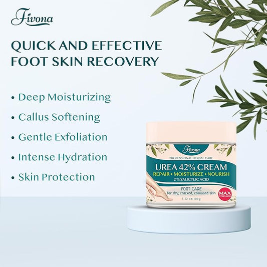 FIVONA 42% Urea Cream with 2% Salicylic Acid, Foot Cream for Feet Maximum Strength with Tea Tree and Aloe Vera Extracts Foot Lotion for Dry Cracked Heels, Callus Remover, Moisturizer Repair Cream