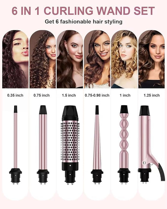 6 in 1 Curling Iron, Curling Wand Set with Thermal Brush (1.5inch) & 1inch Bubble Wand Curler and 3 Interchangeable Ceramic Barrel (0.35"-1.25"), Instant Heat Up with Comb & Protective Glove & 2 Clip