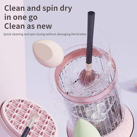 Electric Makeup Brush Cleaner Machine, Automatic USB Cosmetic Brushes Cleaner Tool Makeup Brush Cleaner for Makeup Sponges and Brushes, Washing and Drying Holder Combined(Pink)