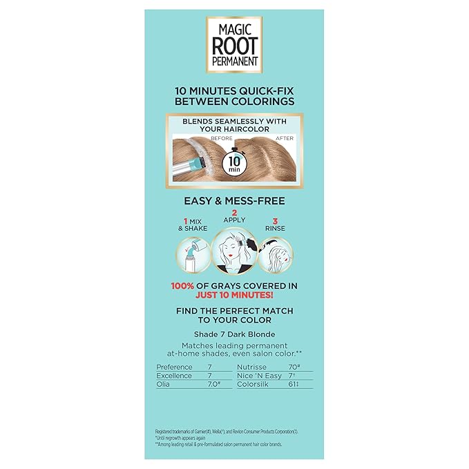 L'Oreal Paris Magic Root Rescue 10 Minute Root Hair Coloring Kit, Permanent Hair Color with Quick Precision Applicator, 100 percent Gray Coverage, 7 Dark Blonde, 1 kit (Packaging May Vary)