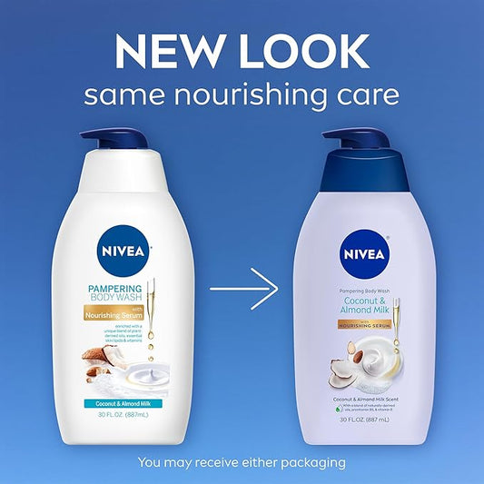 NIVEA Pampering Coconut and Almond Milk Body Wash with Nourishing Serum, Moisturizing Body Wash for Women, Enriched with Provitamin B5 and Vitamin E, 20 Fl Oz Bottle, Pack of 3
