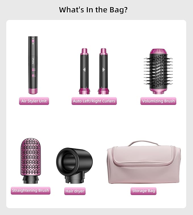5 in 1 Hot Air Styler & Hair Dryer Brush, High-Speed Blow Dryer, 1300W Fast Drying Curling Without Heat Damage, Volumizing Straightening, Auto Wrap Curlers Includes Travel Storage Bag