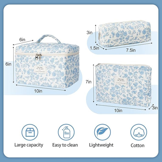 Quilted Makeup Bag,Large Cosmetics Bag Set,Coquette Floral Make up Pouch,Travel Toiletry Bag for Women