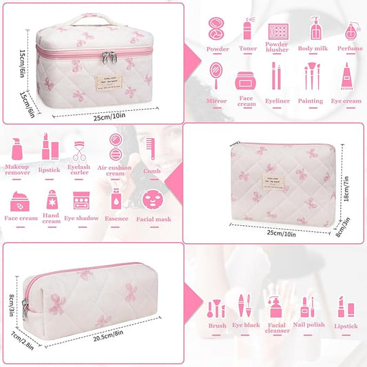 3PC Makeup Bag Set, Quilted Makeup Bag Set, Large Floral Cosmetic Bag for Women, Cute Cotton Makeup Bags, Flower Travel Toiletry Organizer Bag (White Pink Bow Tie)