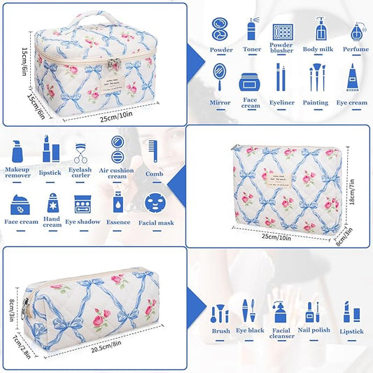 Makeup Bag Set, Quilted Makeup Bag, Large Floral Cosmetic Bag for Women, Cute Cotton Makeup Bags, Flower Travel Toiletry Organizer Bag (Blue Flower)