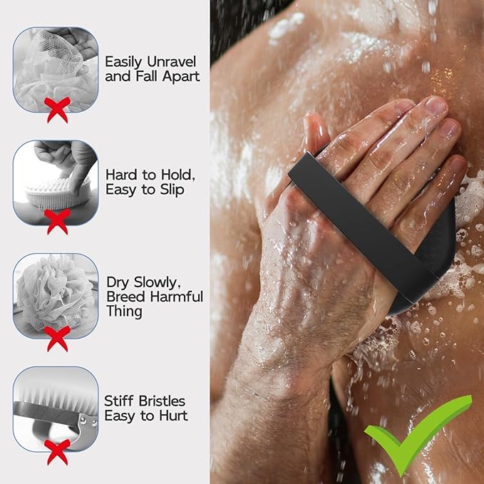 3 PCS Silicone Bath Brush Set,Back Scrubber & Body Brush & Face Brush Set, Super-Exfoliating & Lathering Body Scrubber, Shower Brush, Face Scrubber Combination for HomeBathroom Hotel Travel.(Black)