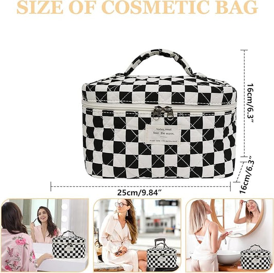 Large Makeup Bag, Cute Cosmetic Bag for Women Girls, Floral Coquette Aesthetic Toiletry Bag, Travel Make Up Organizer Bag (Black Checkered)