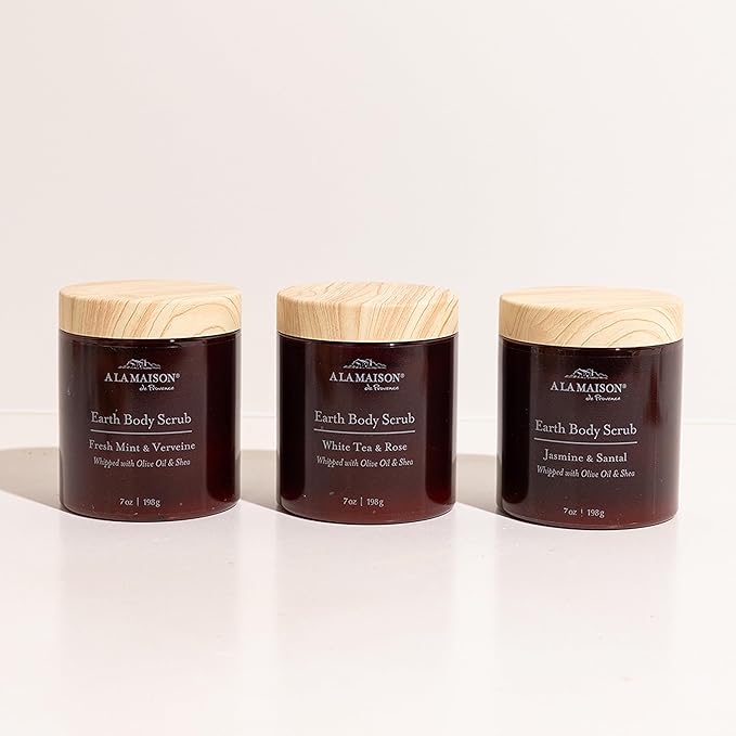 A LA MAISON Earth Body Scrub – Jasmine & Santal – Natural Pumice Scrub with Shea Butter & Olive Oil – Gently Exfoliates & Softens Skin – French Formula – Plant-Based – 7 oz – Amber Collection