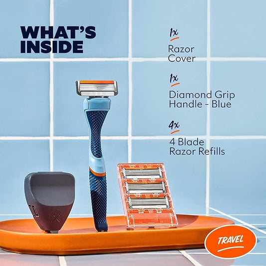 Dollar Shave Club | Travel Shave Set | 4 Swift Rinse Refill Cartridges, 1 Handle (Blue), 1 Razor Cover