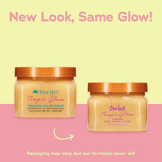Tree Hut Tropic Glow Shea Sugar Scrub, Exfoliating & Hydrating Body Scrub with Shea Butter, Radiant Glow, Warm Scent, 18 oz