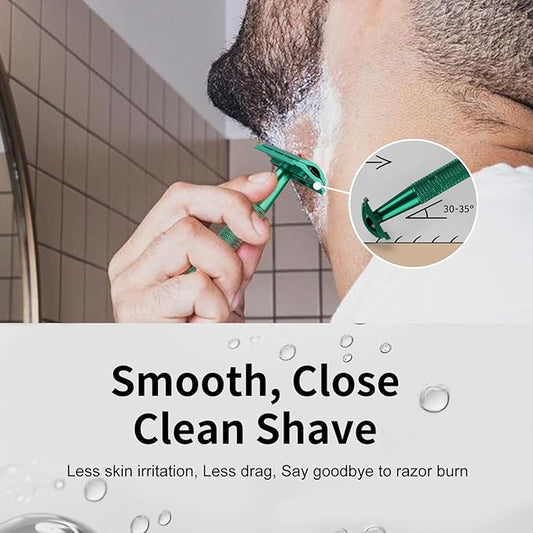 Double Edge Safety Razor, Single Blade Razors for Men and Women, Reusable Metal Razor with 10 Stainless Steel Double Edge Blades, Smooth and Close Wet Shaving, Plastic Free, Green