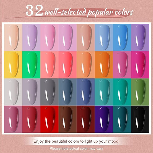 JODSONE Gel Nail Polish Kit with U V Light 32 Color Soak Off Base&Top Glitter Coat Gel Polish for DIY Manicure Lovers